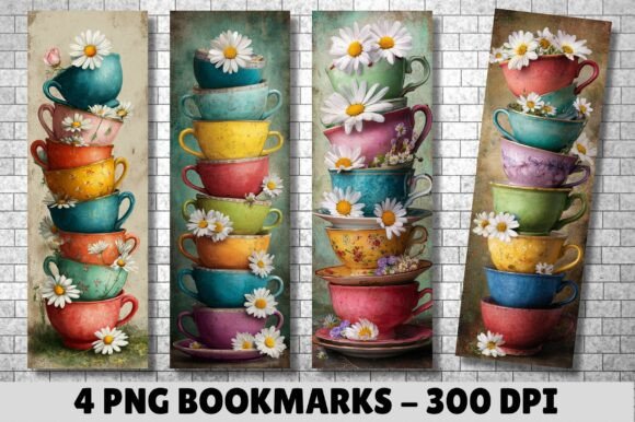 Antique Daisy Teacup Stacked Bookmark for Crafts