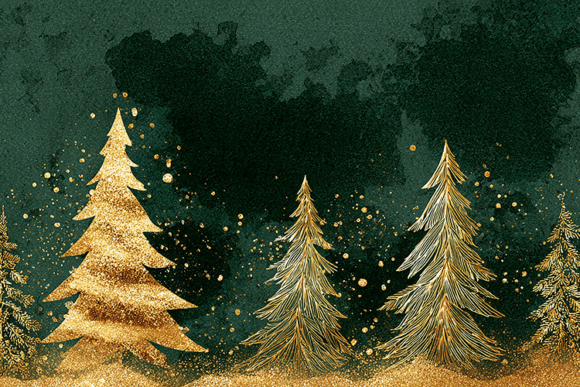 Gold Xmas Trees Dark Green Pattern Backgrounds