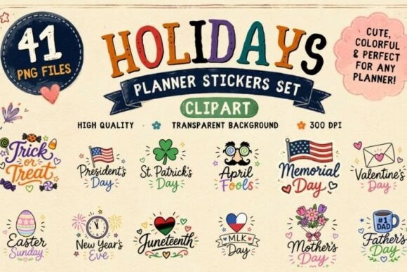Holiday Planner Stickers Clipart PNG, 41 Icons Review