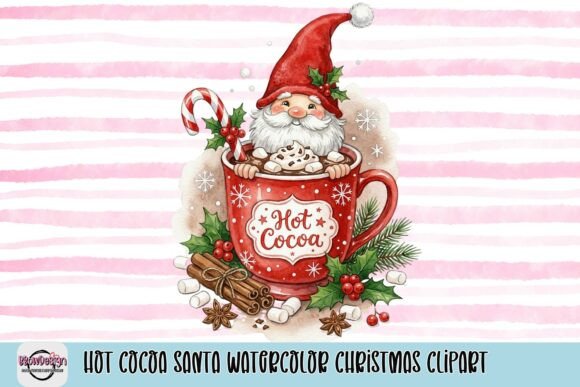 Hot Cocoa Santa Watercolor Clipart for T-Shirt Designs