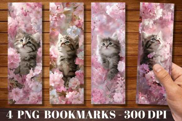 Pink Cherry Blossom Cute Cat Bookmark for Crafts